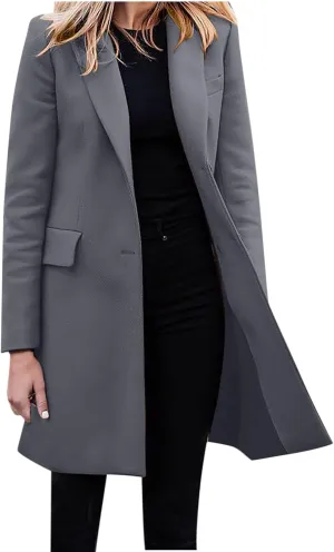Hvyesh Women's Long Wool Blend Pea Coat Winter Casual Overcoat Notched Lapel Collar Trench Coat Belted Long Jacket Outerwear