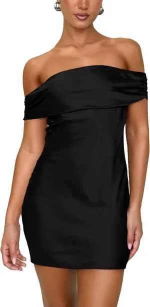 HYPERFIRE Women's Satin Off The Shoulder Mini Dress Tie Back Party Cocktail Dresses