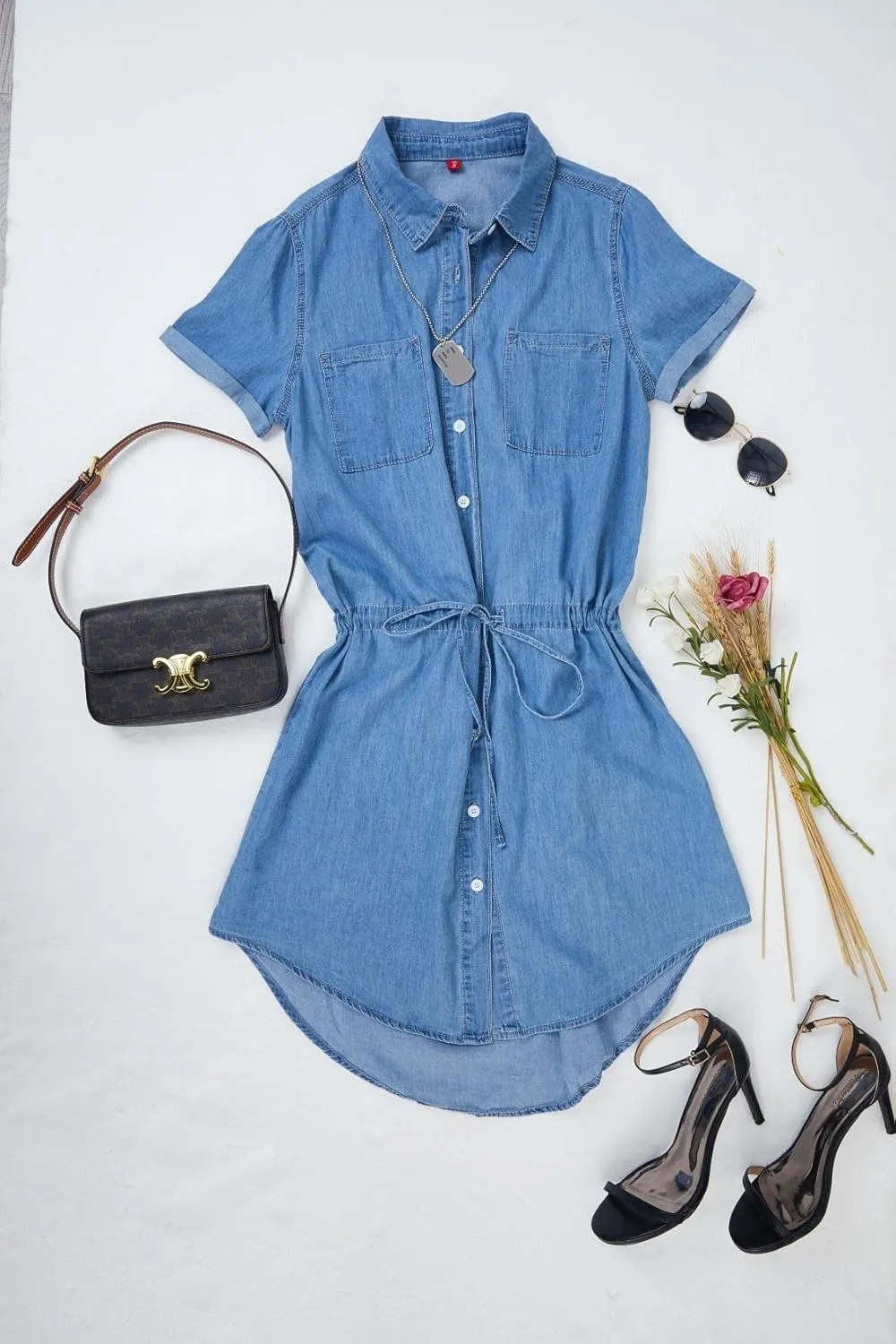Imily Bela Women Denim Dress Summer Jean Shirt Dress Short Sleeve Button Down Tie Waist Casual Short Dress