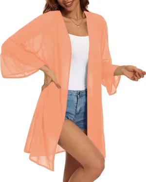 Indian Trendy Women's Solid Ruffle Sleeve Kimono Long Cardigan Loose Cover Up Casual Blouse Top Chiffon, Small-Medium