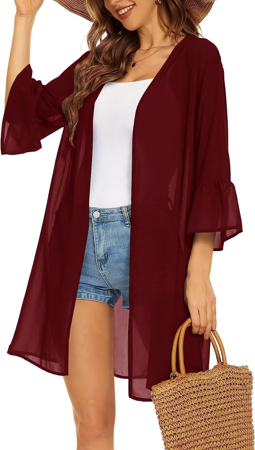 Indian Trendy Women's Solid Ruffle Sleeve Kimono Long Cardigan Loose Cover Up Casual Blouse Top Chiffon, Small-Medium