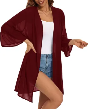 Indian Trendy Women's Solid Ruffle Sleeve Kimono Long Cardigan Loose Cover Up Casual Blouse Top Chiffon, Small-Medium