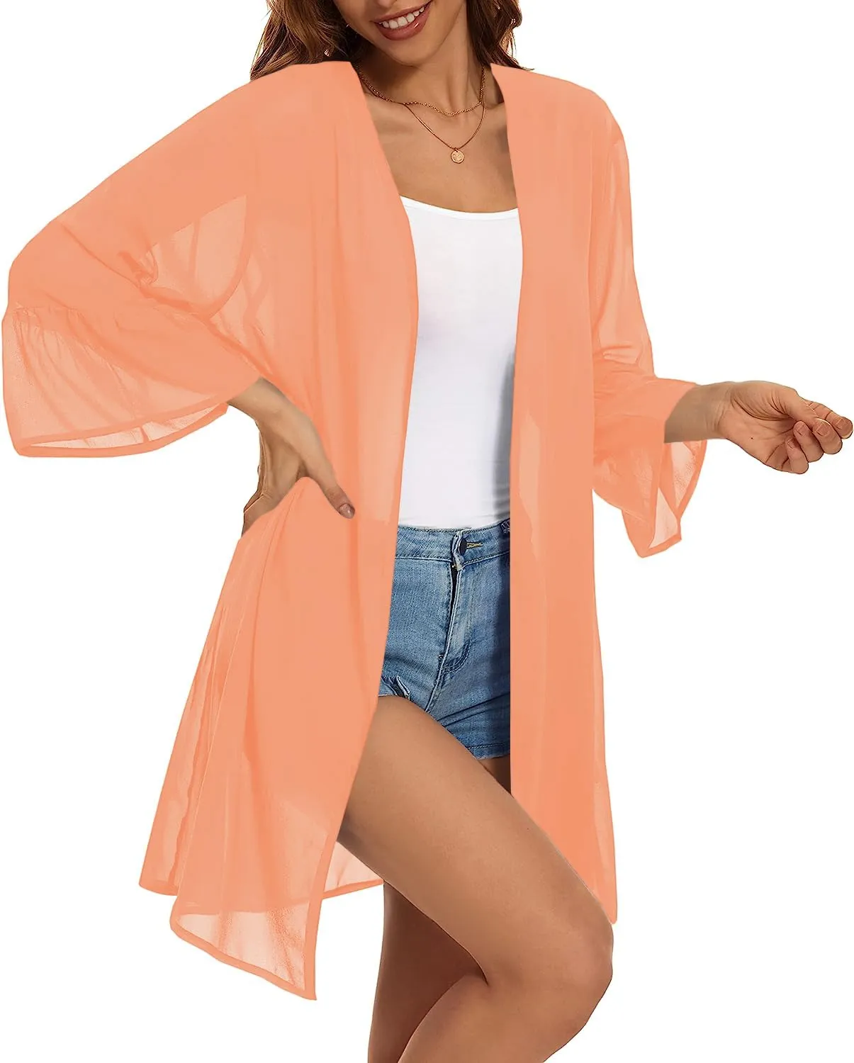 Indian Trendy Women's Solid Ruffle Sleeve Kimono Long Cardigan Loose Cover Up Casual Blouse Top Chiffon, Small-Medium