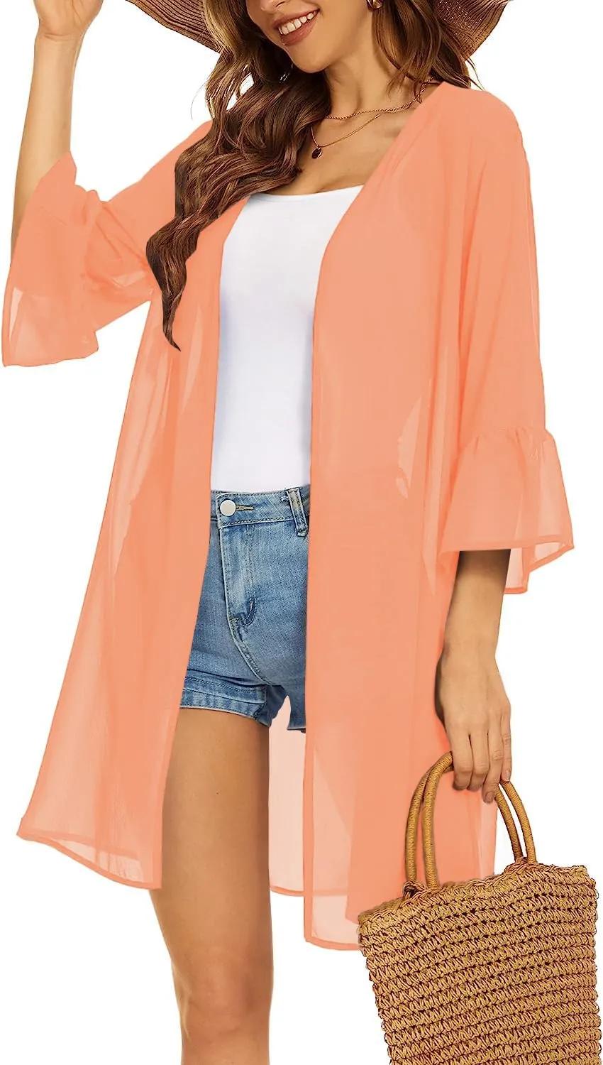 Indian Trendy Women's Solid Ruffle Sleeve Kimono Long Cardigan Loose Cover Up Casual Blouse Top Chiffon, Small-Medium