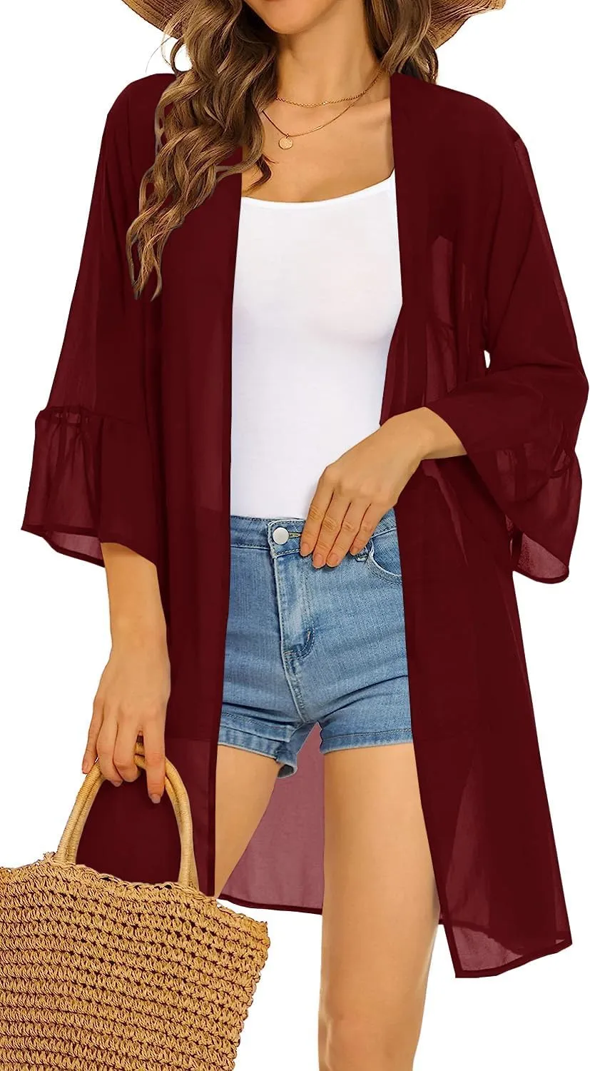 Indian Trendy Women's Solid Ruffle Sleeve Kimono Long Cardigan Loose Cover Up Casual Blouse Top Chiffon, Small-Medium