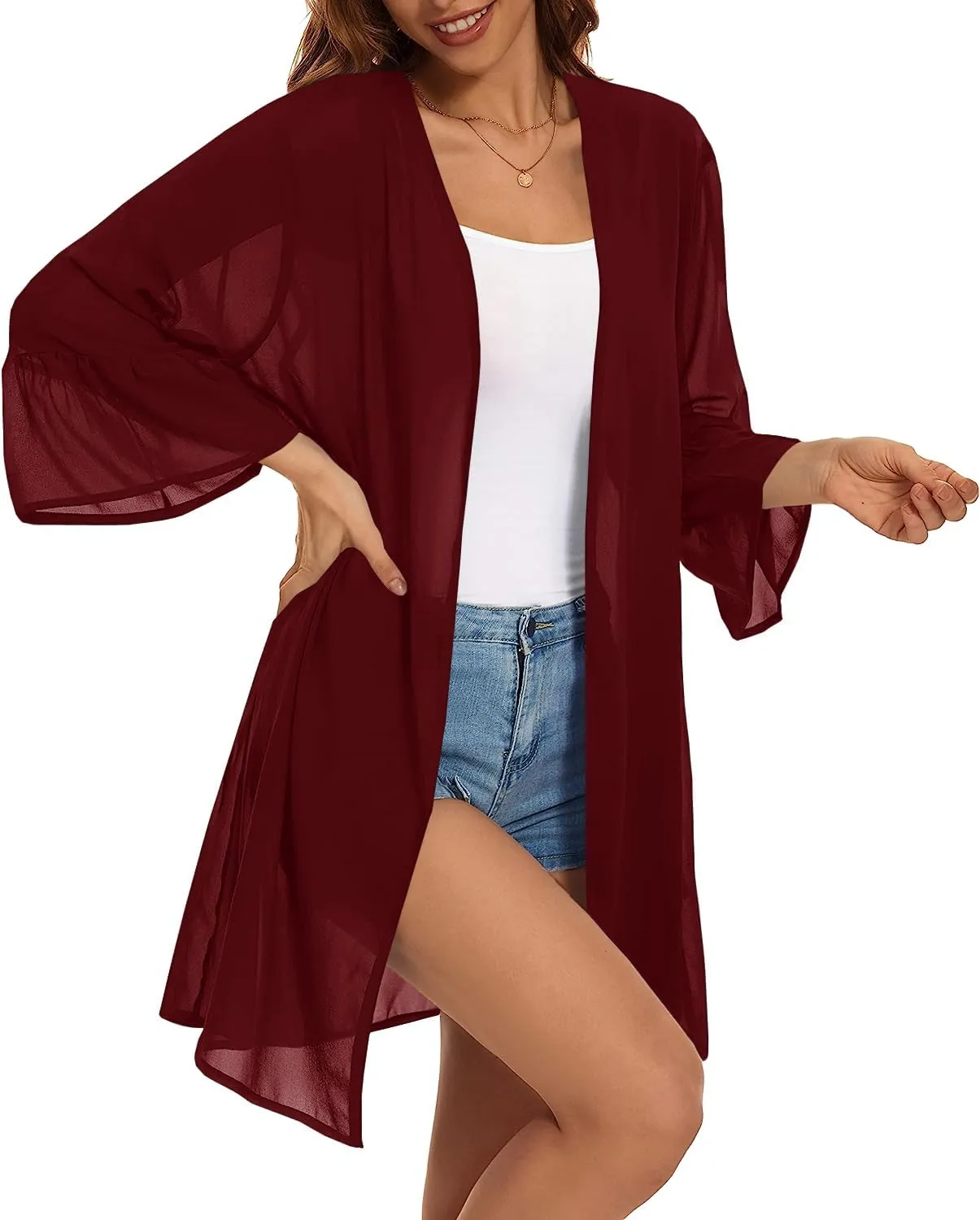 Indian Trendy Women's Solid Ruffle Sleeve Kimono Long Cardigan Loose Cover Up Casual Blouse Top Chiffon, Small-Medium