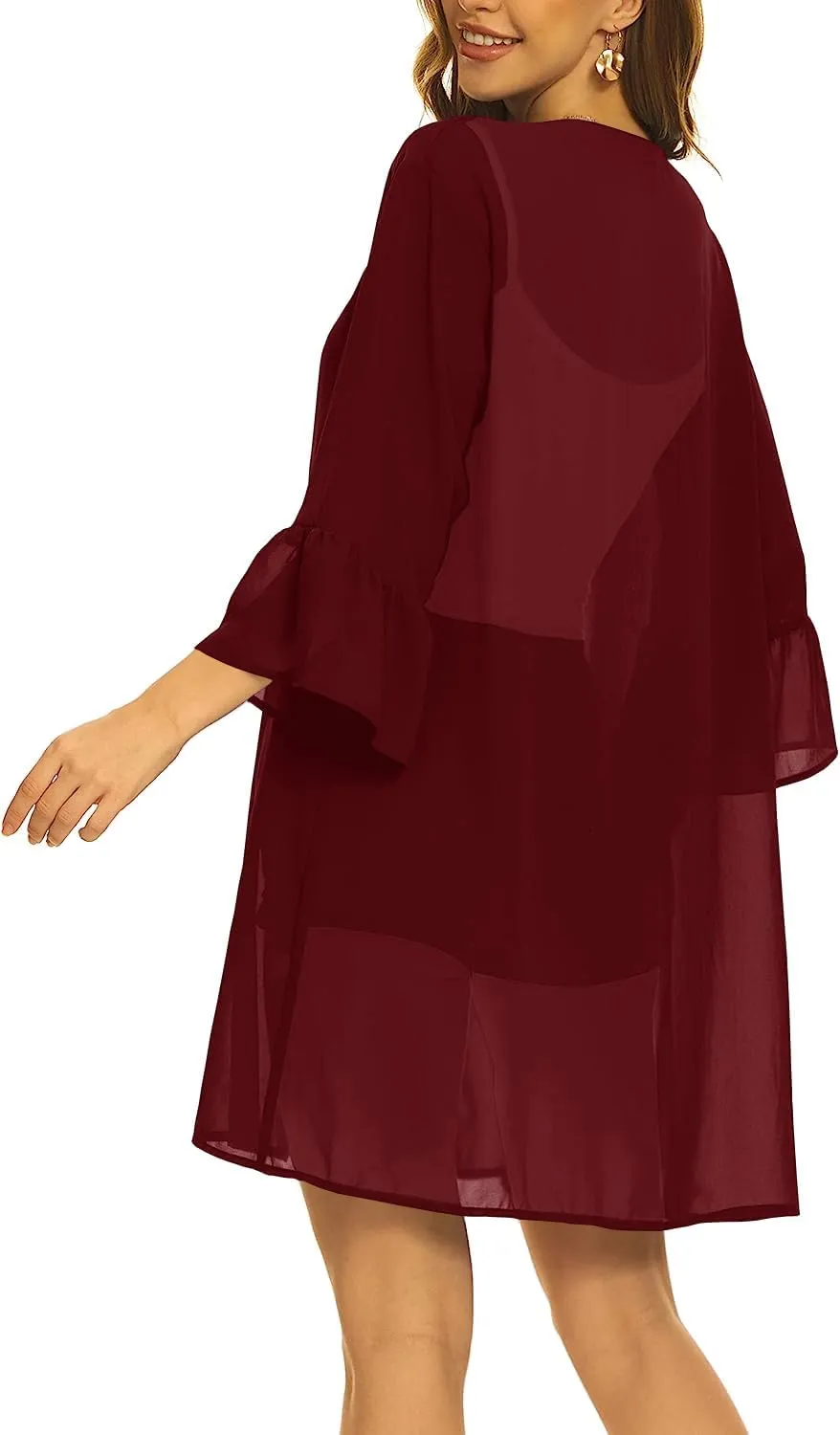 Indian Trendy Women's Solid Ruffle Sleeve Kimono Long Cardigan Loose Cover Up Casual Blouse Top Chiffon, Small-Medium