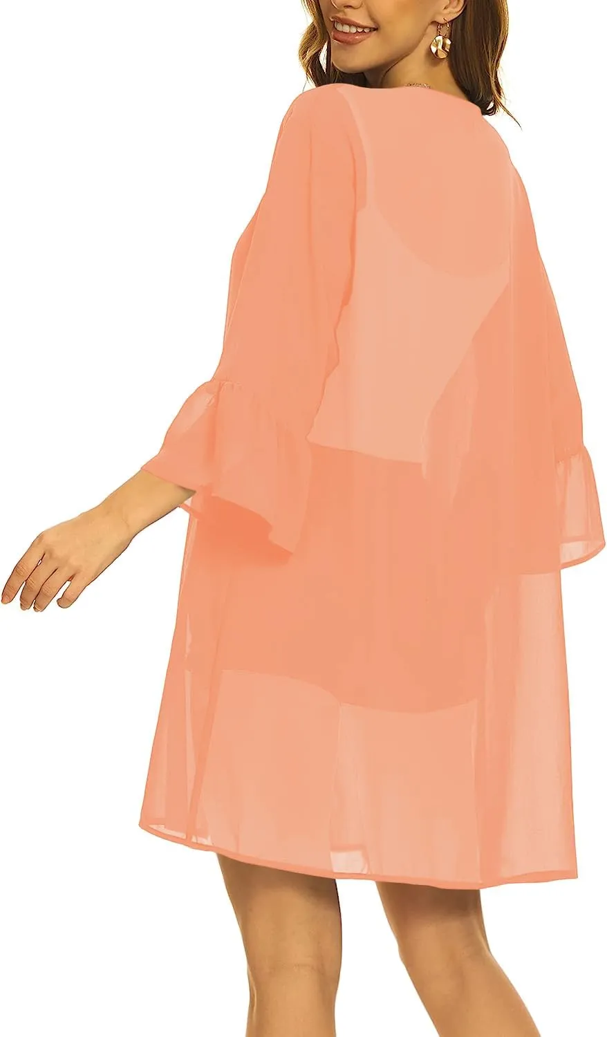 Indian Trendy Women's Solid Ruffle Sleeve Kimono Long Cardigan Loose Cover Up Casual Blouse Top Chiffon, Small-Medium