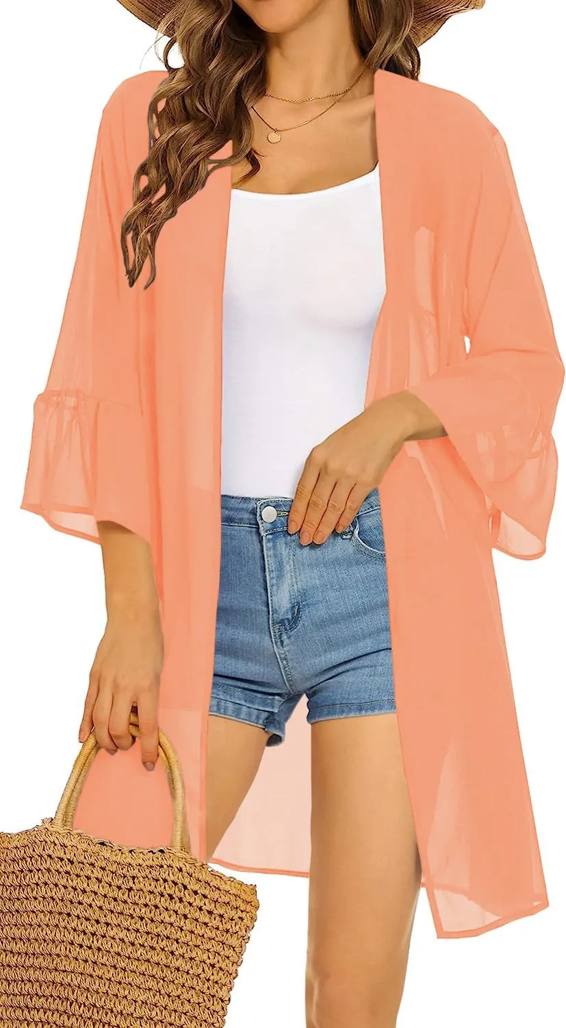 Indian Trendy Women's Solid Ruffle Sleeve Kimono Long Cardigan Loose Cover Up Casual Blouse Top Chiffon, Small-Medium