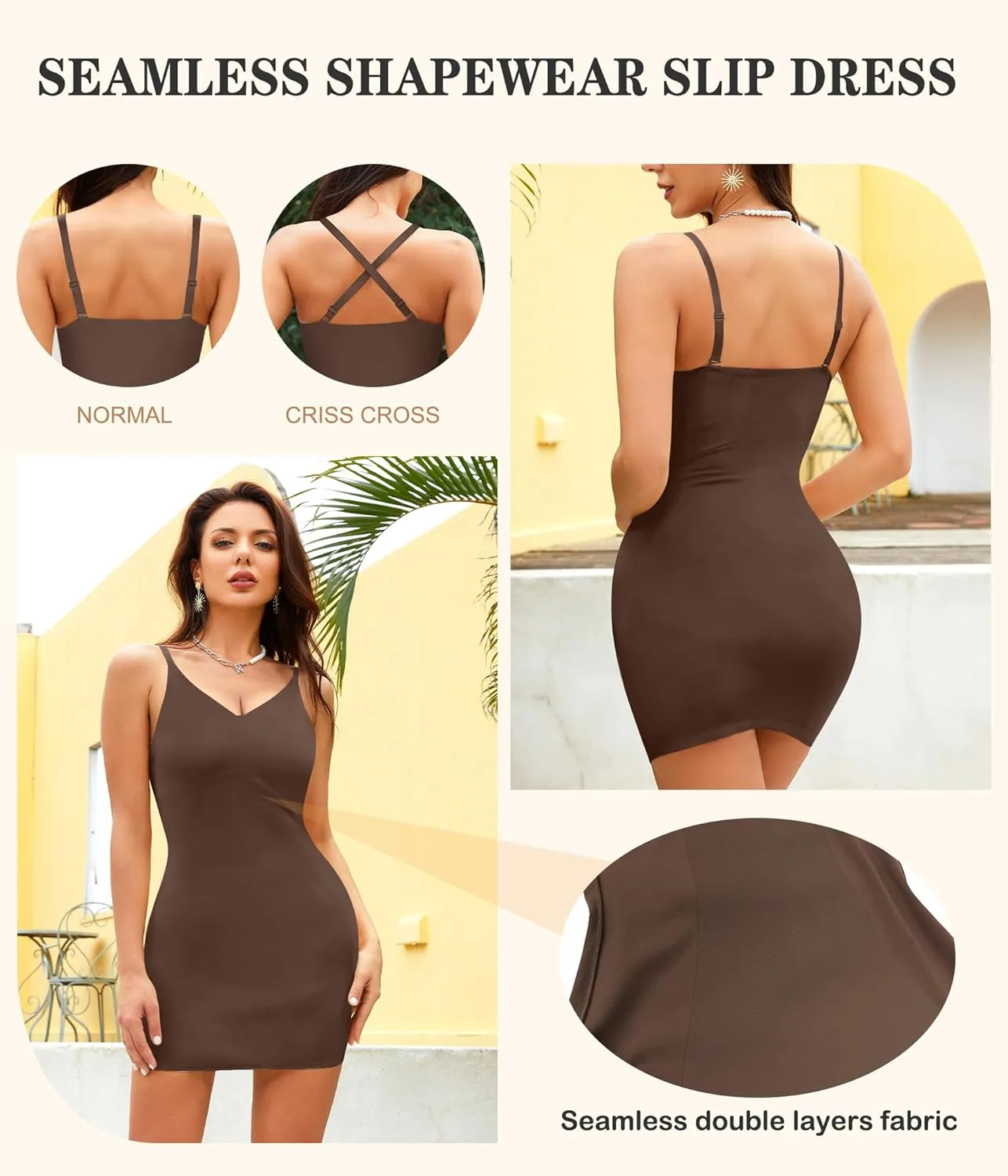 Irisnaya Women Shapewear Full Slip Tummy Control V Neck Cami Mini Under Dress Body Shaper Seamless Spaghetti Straps Lingerie