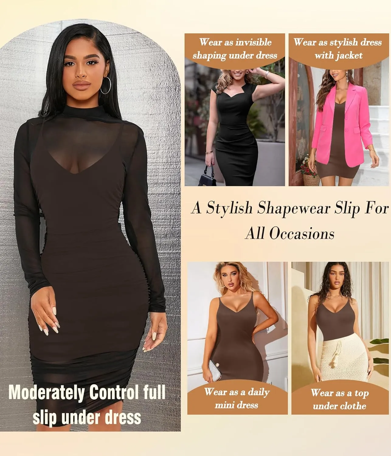 Irisnaya Women Shapewear Full Slip Tummy Control V Neck Cami Mini Under Dress Body Shaper Seamless Spaghetti Straps Lingerie