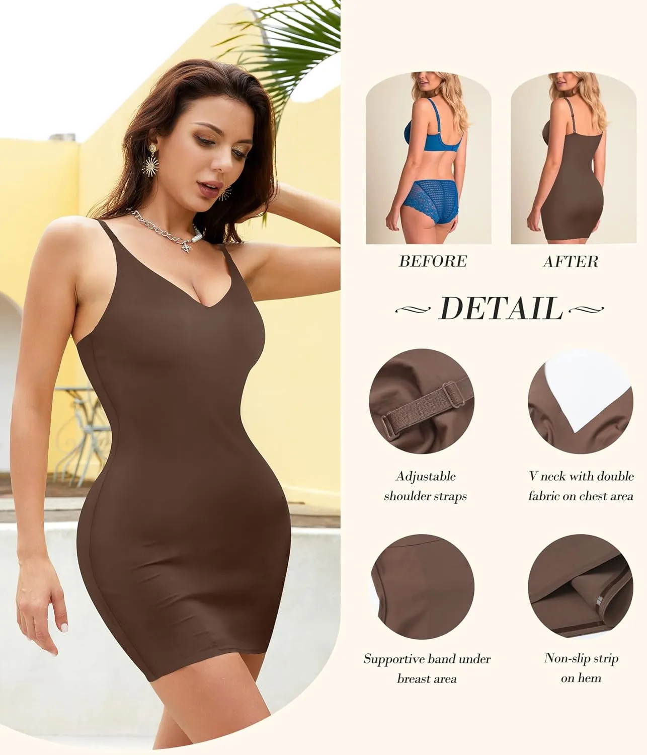 Irisnaya Women Shapewear Full Slip Tummy Control V Neck Cami Mini Under Dress Body Shaper Seamless Spaghetti Straps Lingerie