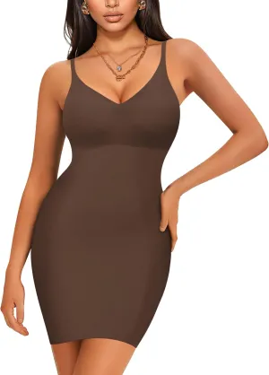 Irisnaya Women Shapewear Full Slip Tummy Control V Neck Cami Mini Under Dress Body Shaper Seamless Spaghetti Straps Lingerie