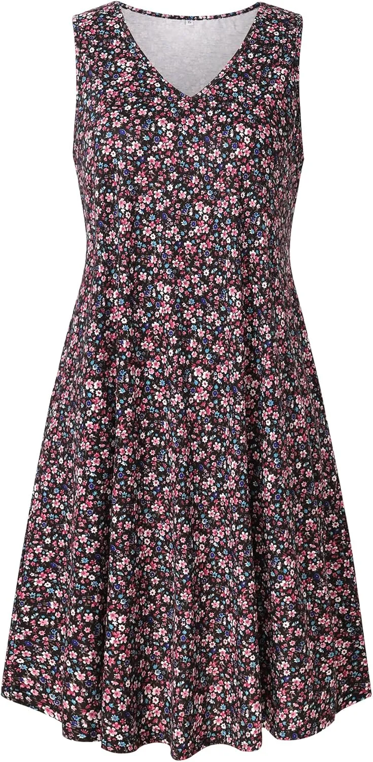 Ivicoer Women's Summer Beach Dresses V-Neck Floral Printed Tank Swing Dress Plus Size with Pocket(L-5XL)