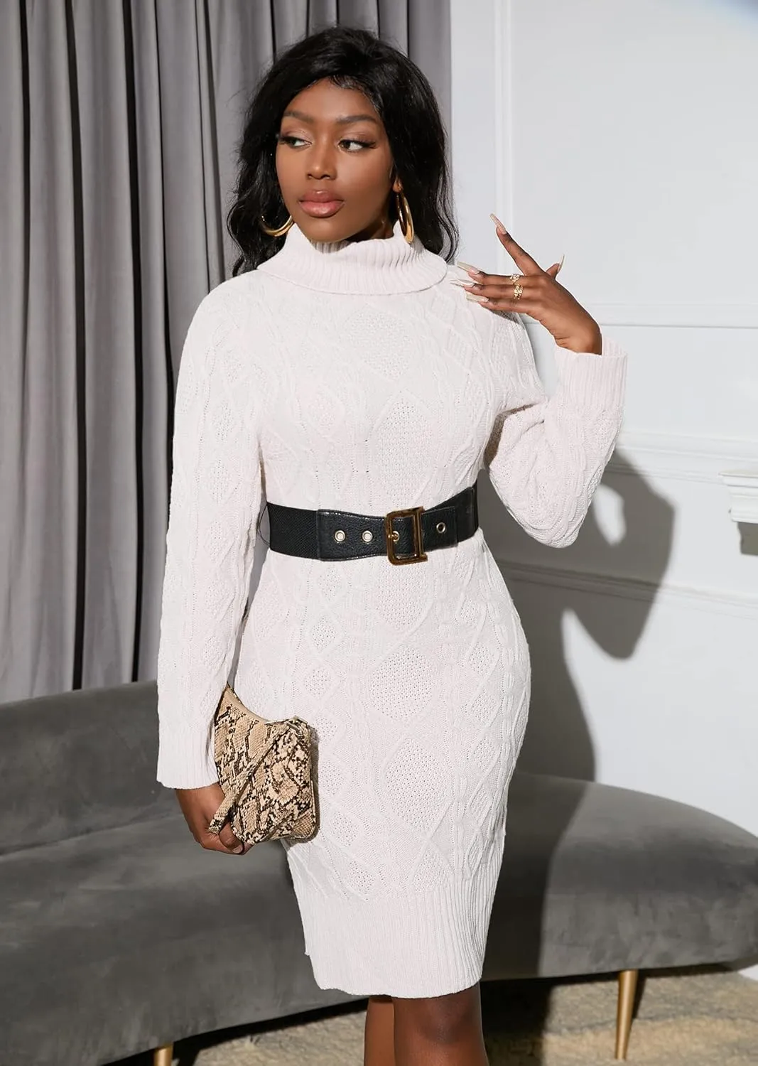 IWFEV Turtleneck Sweater Dress Knee-Length Long Sleeve Knit Pullover Bodycon Plain Midi Dress