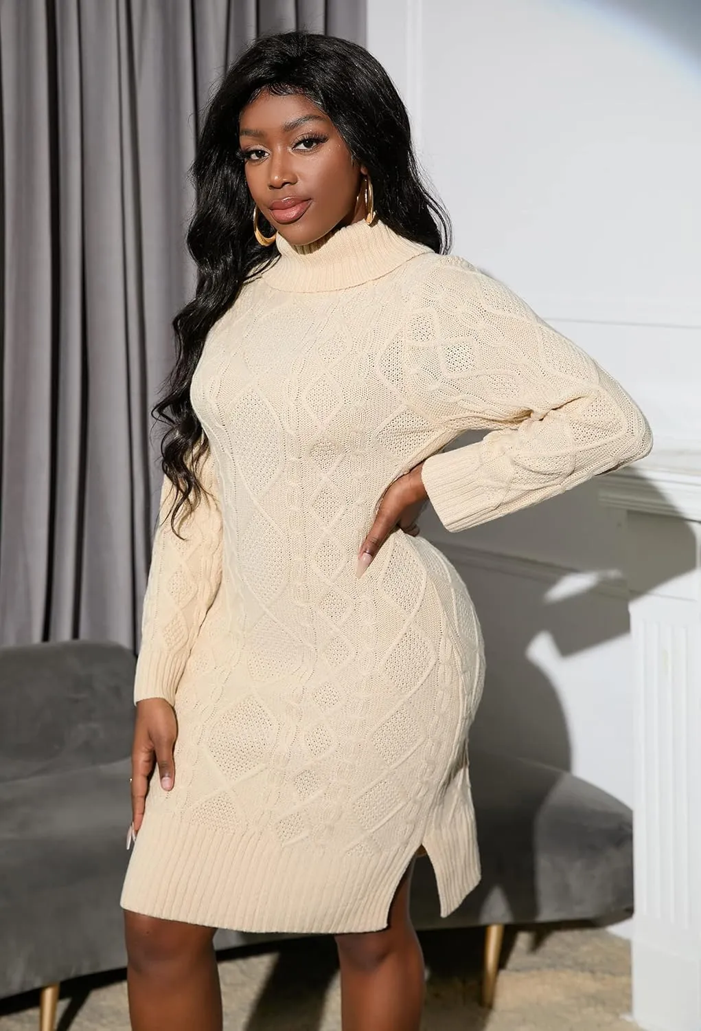 IWFEV Turtleneck Sweater Dress Knee-Length Long Sleeve Knit Pullover Bodycon Plain Midi Dress