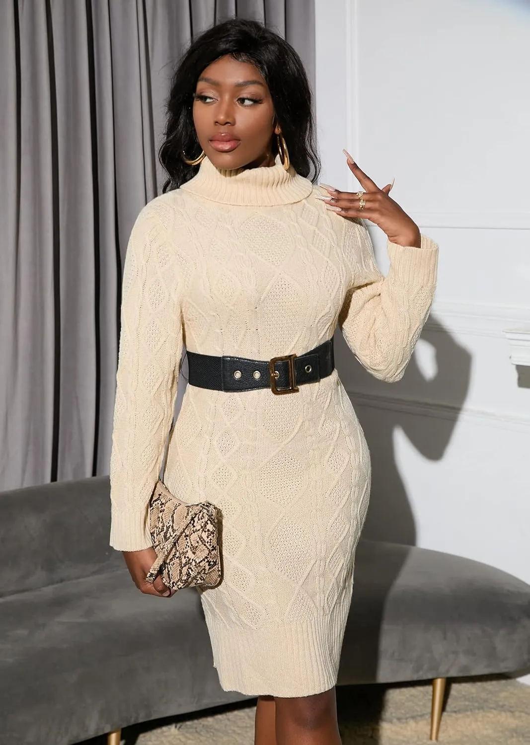 IWFEV Turtleneck Sweater Dress Knee-Length Long Sleeve Knit Pullover Bodycon Plain Midi Dress