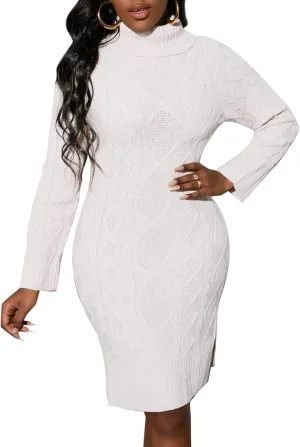 IWFEV Turtleneck Sweater Dress Knee-Length Long Sleeve Knit Pullover Bodycon Plain Midi Dress