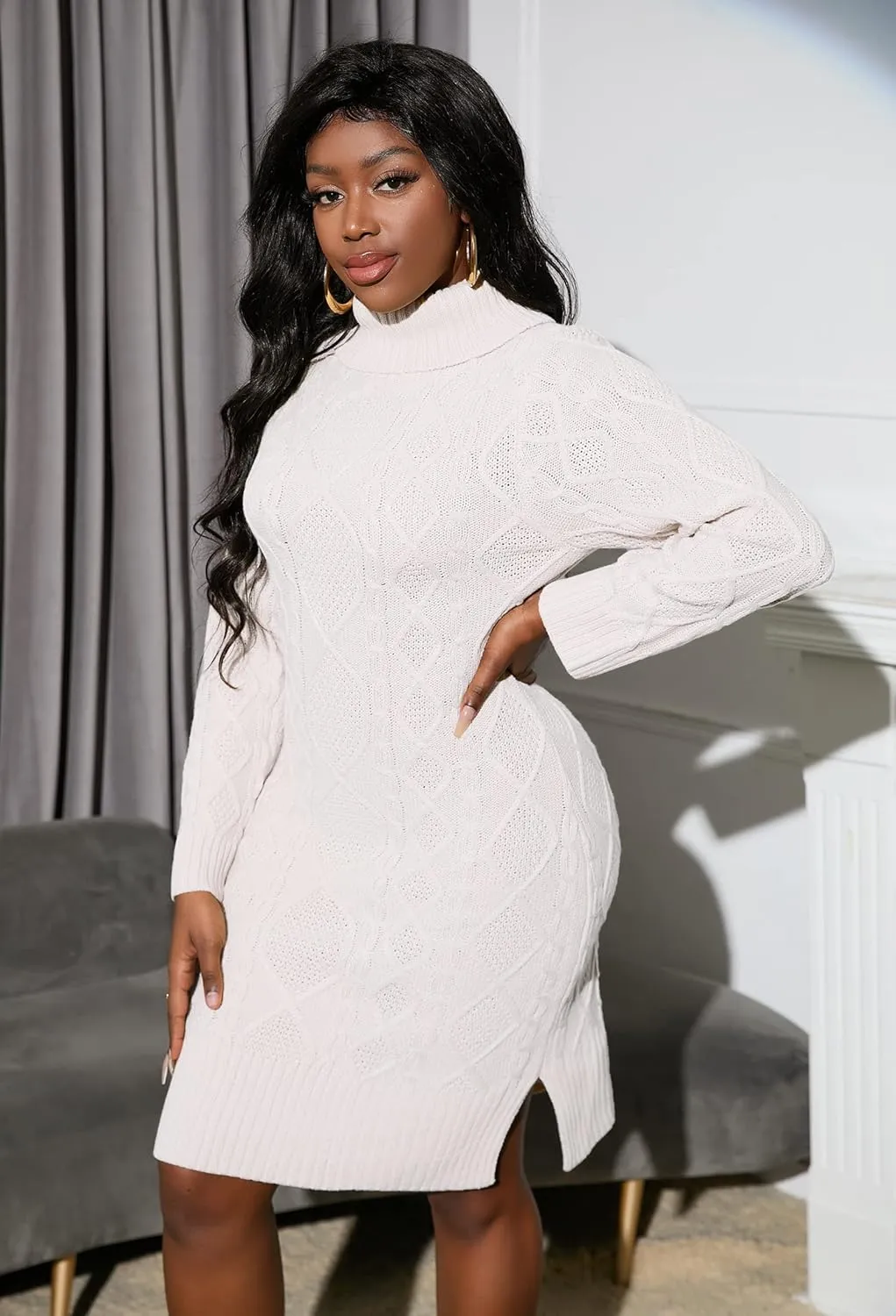 IWFEV Turtleneck Sweater Dress Knee-Length Long Sleeve Knit Pullover Bodycon Plain Midi Dress
