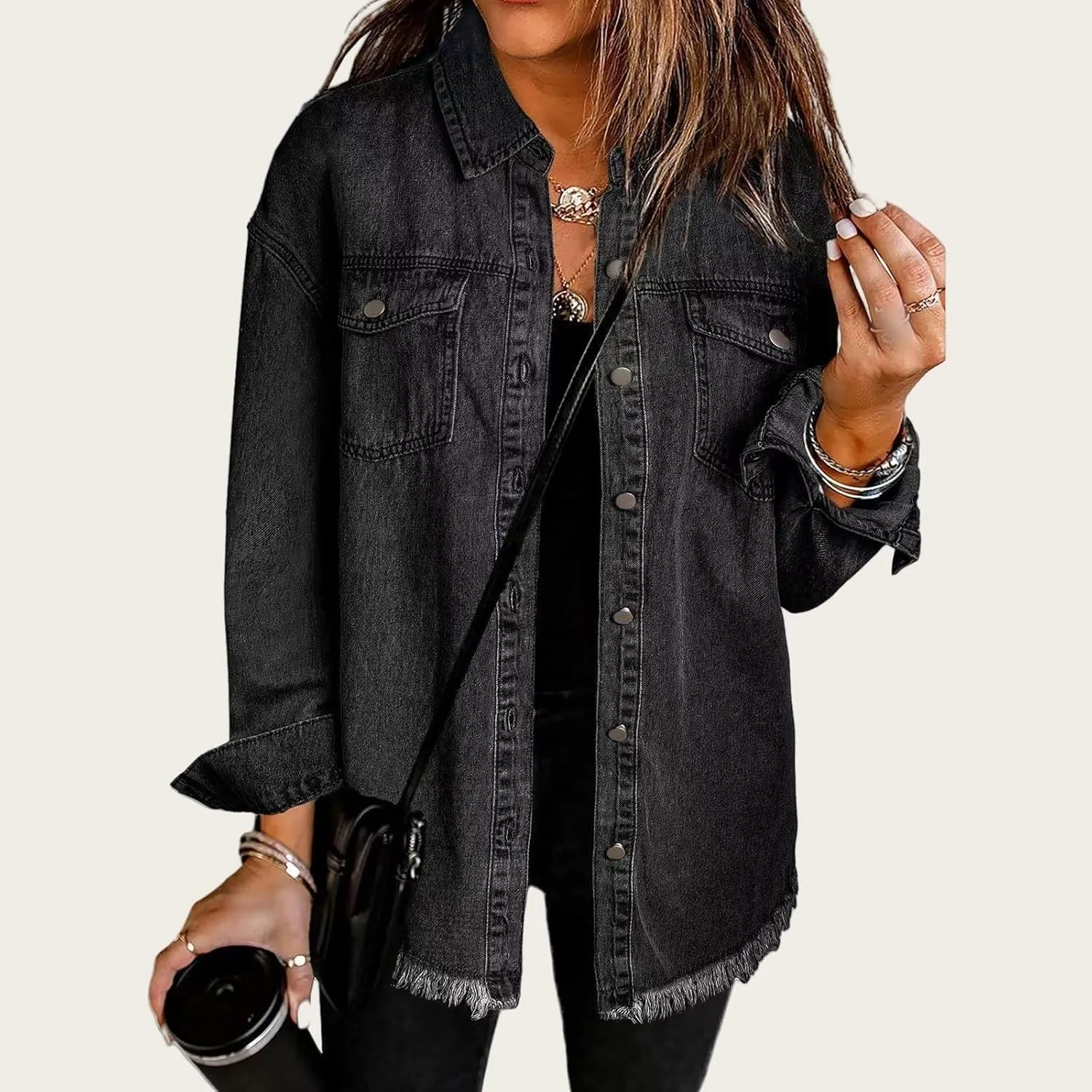 Jean Jackets for Women Oversized Button Up Frayed Hem Shacket Casual Long Sleeve Denim Jean Jackets Coat with Pockets