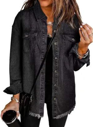 Jean Jackets for Women Oversized Button Up Frayed Hem Shacket Casual Long Sleeve Denim Jean Jackets Coat with Pockets
