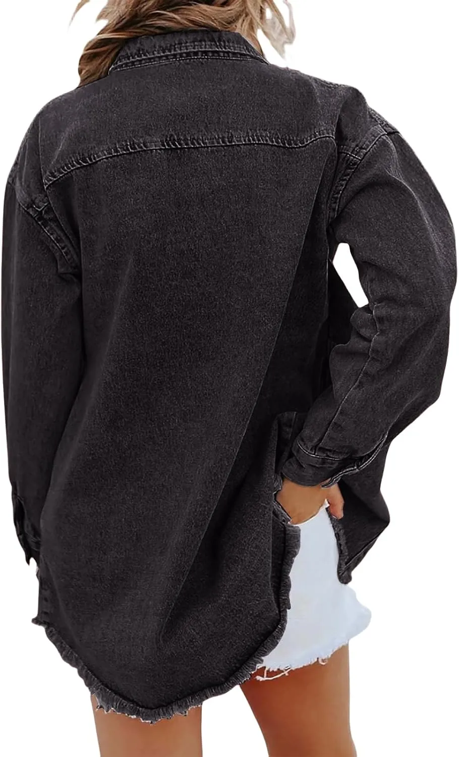 Jean Jackets for Women Oversized Button Up Frayed Hem Shacket Casual Long Sleeve Denim Jean Jackets Coat with Pockets