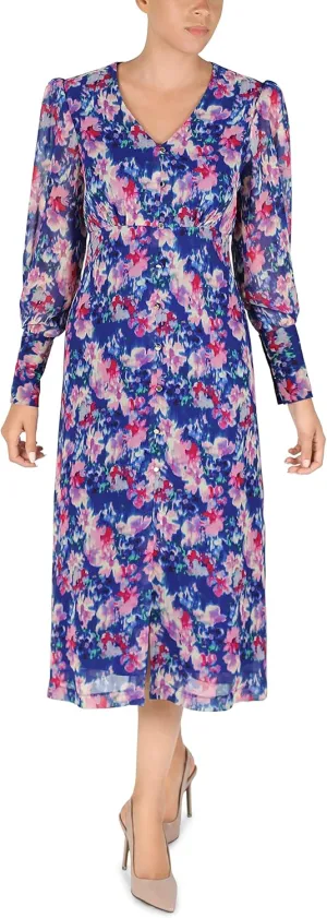 Julia Jordan Women's Long Sleeve Button Front V Neck Midi Dress, Black
