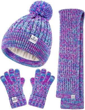 Kids Winter Hat Gloves Scarf Set,Girls Toddler Winter Hat Beanie with Pom Neck Warmer Gaiter Mittens Fleece Lined Set