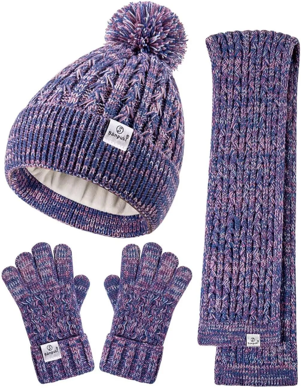 Kids Winter Hat Gloves Scarf Set,Girls Toddler Winter Hat Beanie with Pom Neck Warmer Gaiter Mittens Fleece Lined Set