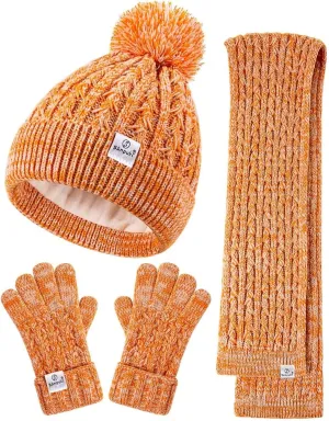 Kids Winter Hat Gloves Scarf Set,Girls Toddler Winter Hat Beanie with Pom Neck Warmer Gaiter Mittens Fleece Lined Set