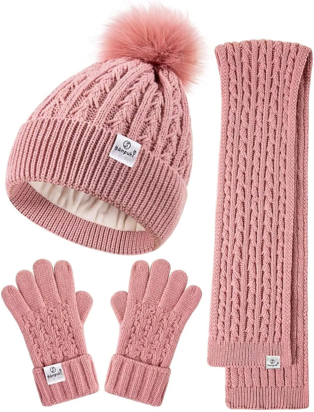 Kids Winter Hat Gloves Scarf Set,Girls Toddler Winter Hat Beanie with Pom Neck Warmer Gaiter Mittens Fleece Lined Set