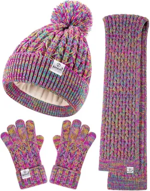 Kids Winter Hat Gloves Scarf Set,Girls Toddler Winter Hat Beanie with Pom Neck Warmer Gaiter Mittens Fleece Lined Set