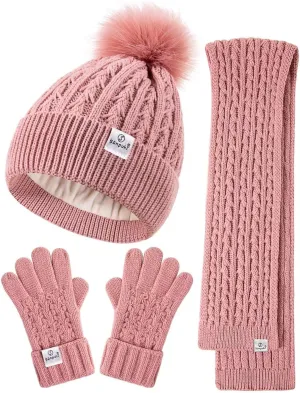 Kids Winter Hat Gloves Scarf Set,Girls Toddler Winter Hat Beanie with Pom Neck Warmer Gaiter Mittens Fleece Lined Set