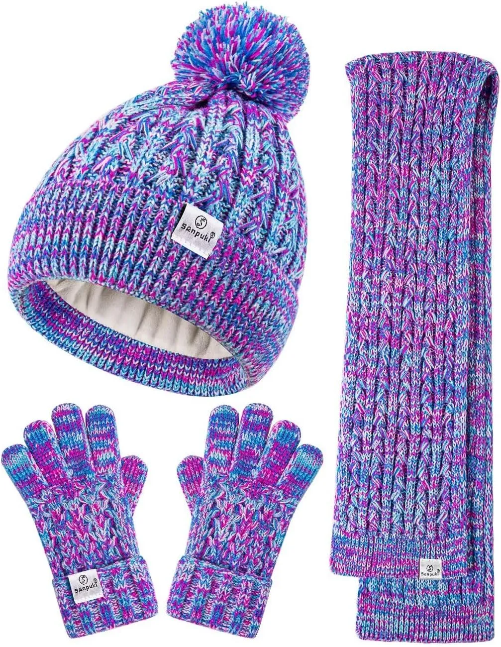 Kids Winter Hat Gloves Scarf Set,Girls Toddler Winter Hat Beanie with Pom Neck Warmer Gaiter Mittens Fleece Lined Set