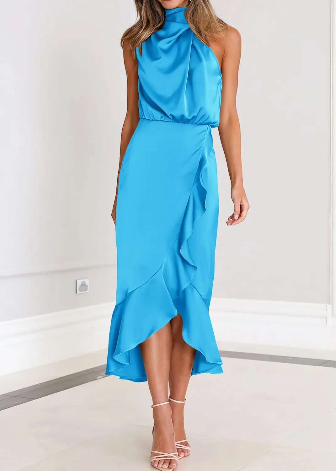 KIRUNDO Womens 2025 Summer Satin Mock Neck Wedding Guest Party Cocktail Midi Dress Sleeveless Wrap Ruffle Formal Dresses