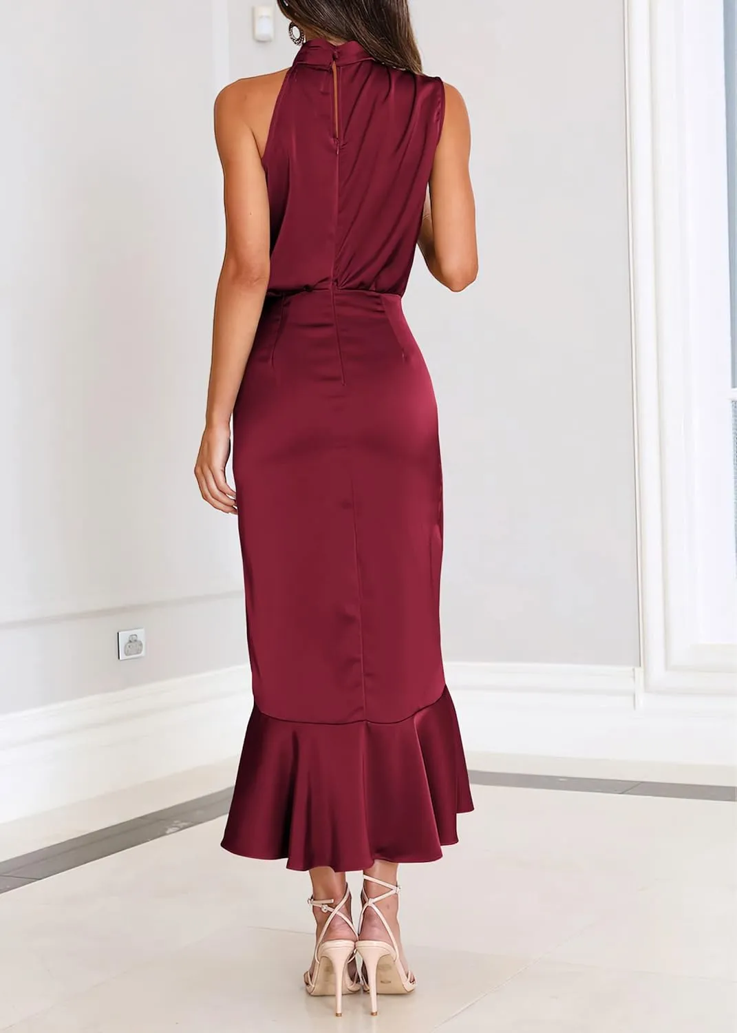 KIRUNDO Womens 2025 Summer Satin Mock Neck Wedding Guest Party Cocktail Midi Dress Sleeveless Wrap Ruffle Formal Dresses