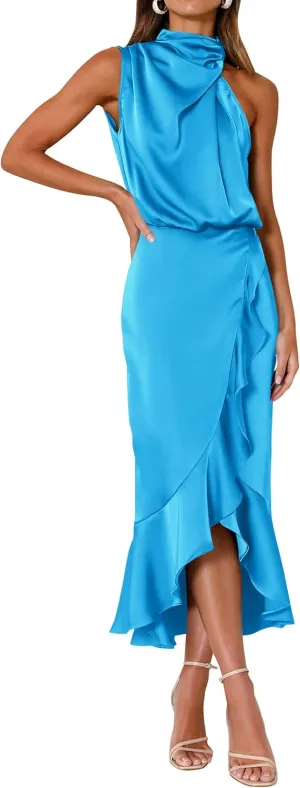 KIRUNDO Womens 2025 Summer Satin Mock Neck Wedding Guest Party Cocktail Midi Dress Sleeveless Wrap Ruffle Formal Dresses