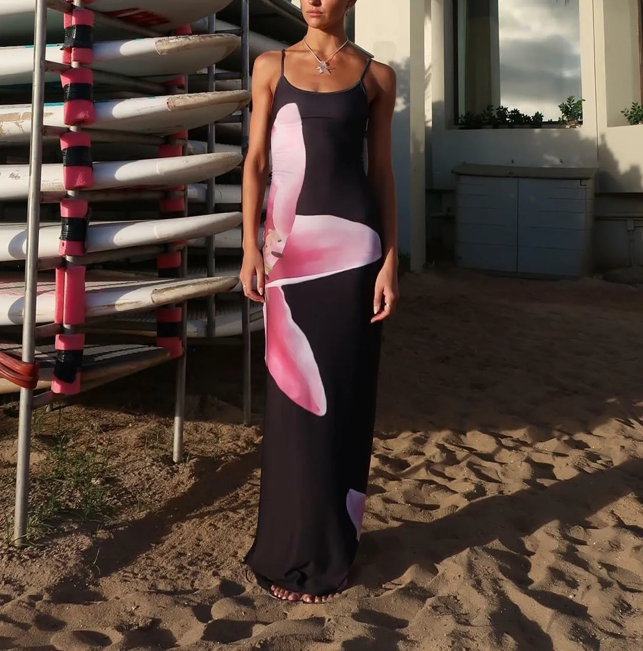 KMBANGI Women Floral Slip Dress Spaghetti Strap Flowers Print Maxi Dresses Backless Y2k Bodycon Slim Boho Long Sundress
