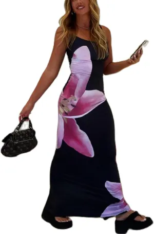 KMBANGI Women Floral Slip Dress Spaghetti Strap Flowers Print Maxi Dresses Backless Y2k Bodycon Slim Boho Long Sundress