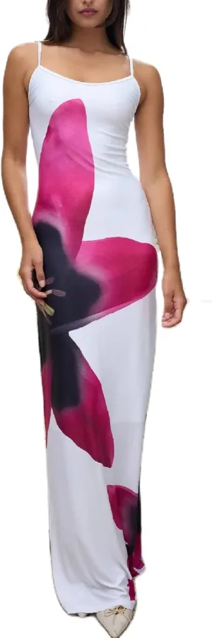 KMBANGI Women Floral Slip Dress Spaghetti Strap Flowers Print Maxi Dresses Backless Y2k Bodycon Slim Boho Long Sundress