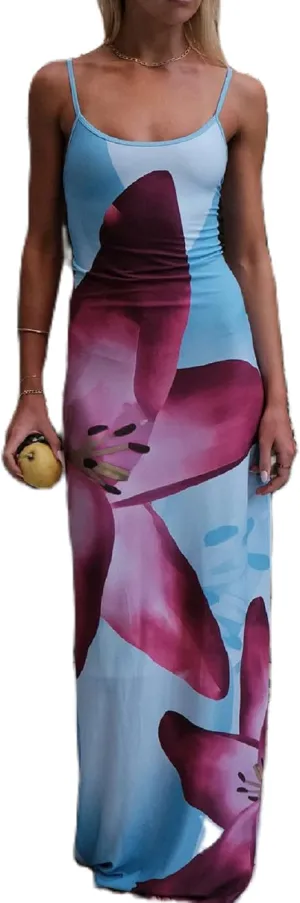 KMBANGI Women Floral Slip Dress Spaghetti Strap Flowers Print Maxi Dresses Backless Y2k Bodycon Slim Boho Long Sundress