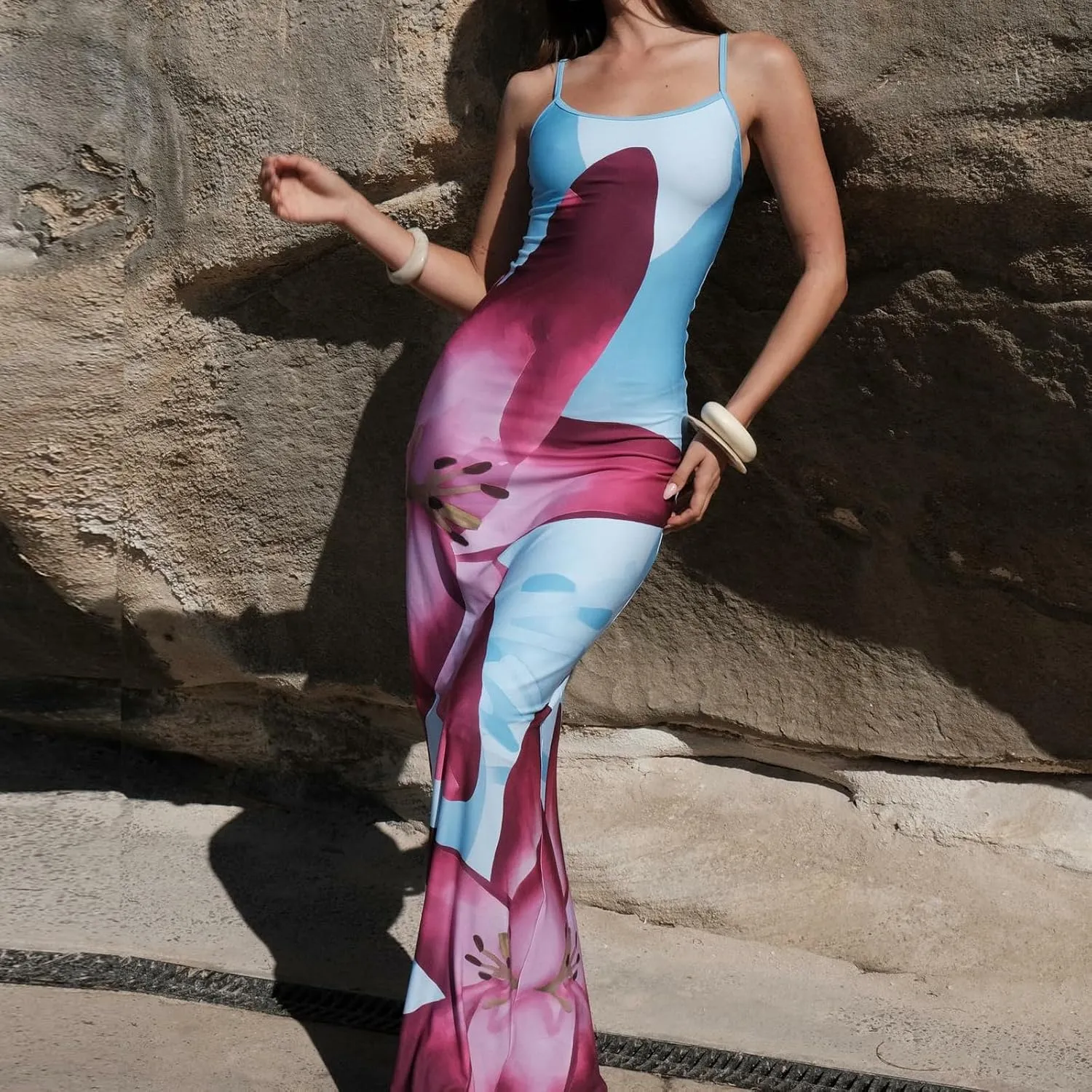 KMBANGI Women Floral Slip Dress Spaghetti Strap Flowers Print Maxi Dresses Backless Y2k Bodycon Slim Boho Long Sundress