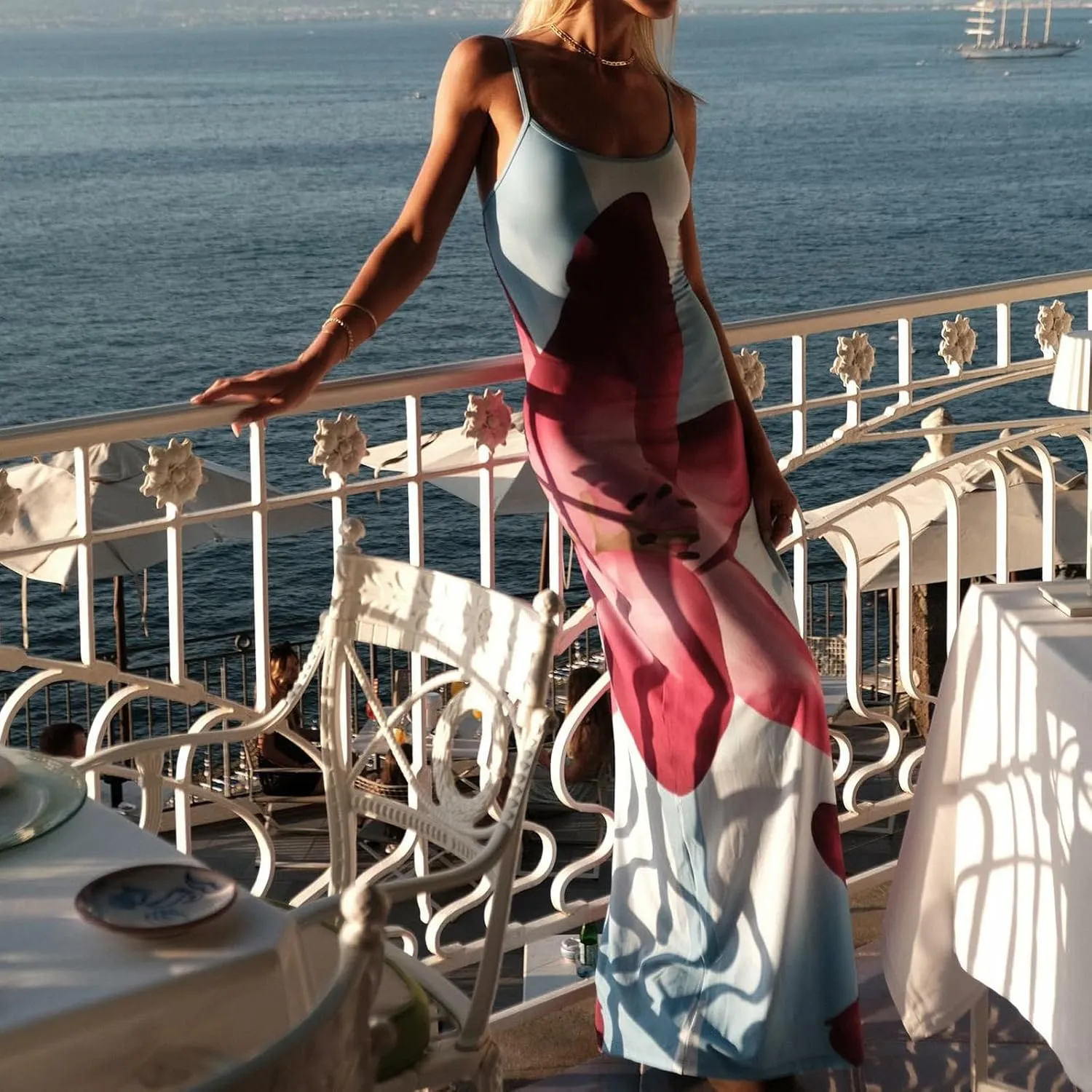 KMBANGI Women Floral Slip Dress Spaghetti Strap Flowers Print Maxi Dresses Backless Y2k Bodycon Slim Boho Long Sundress