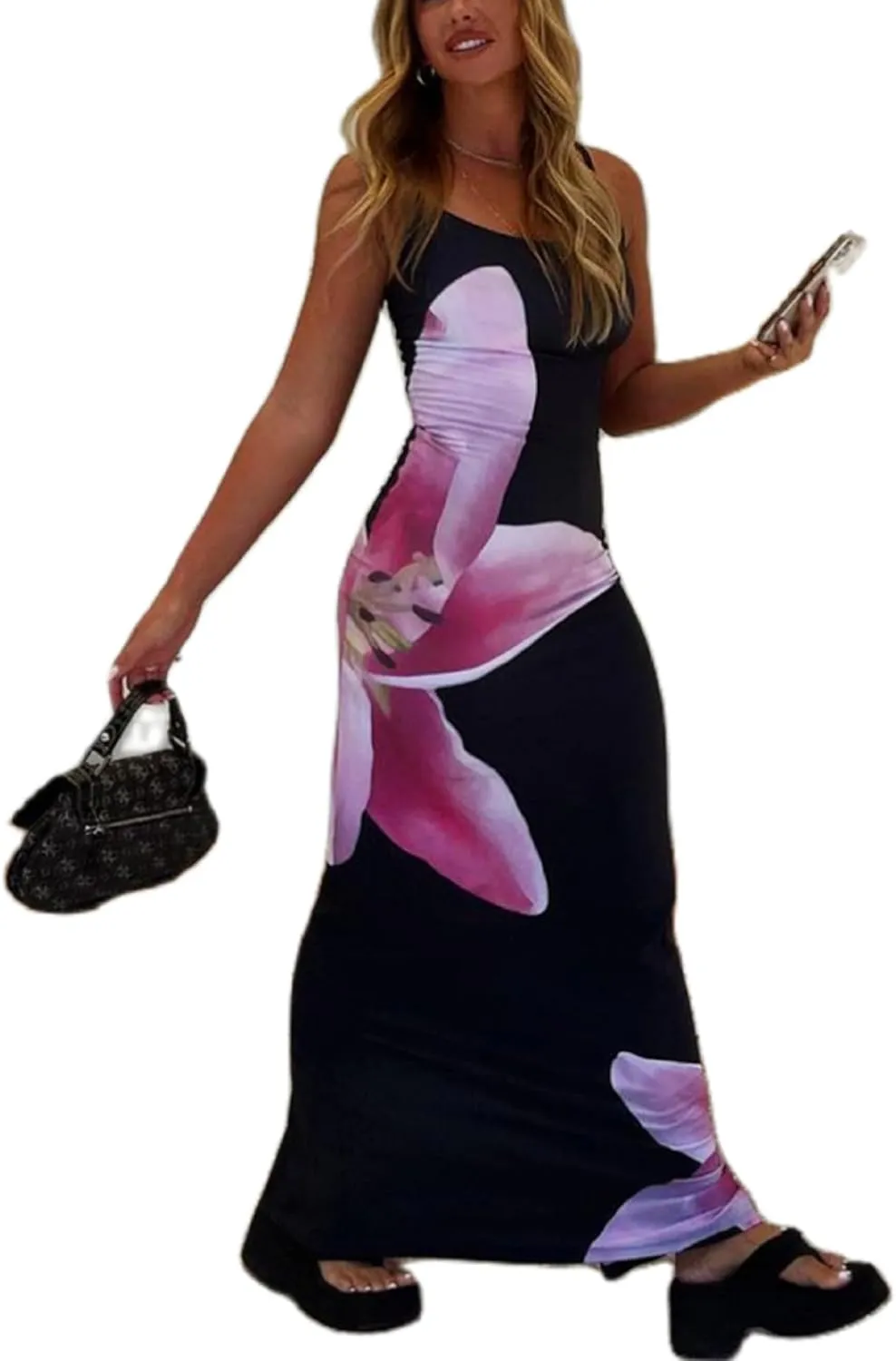 KMBANGI Women Floral Slip Dress Spaghetti Strap Flowers Print Maxi Dresses Backless Y2k Bodycon Slim Boho Long Sundress