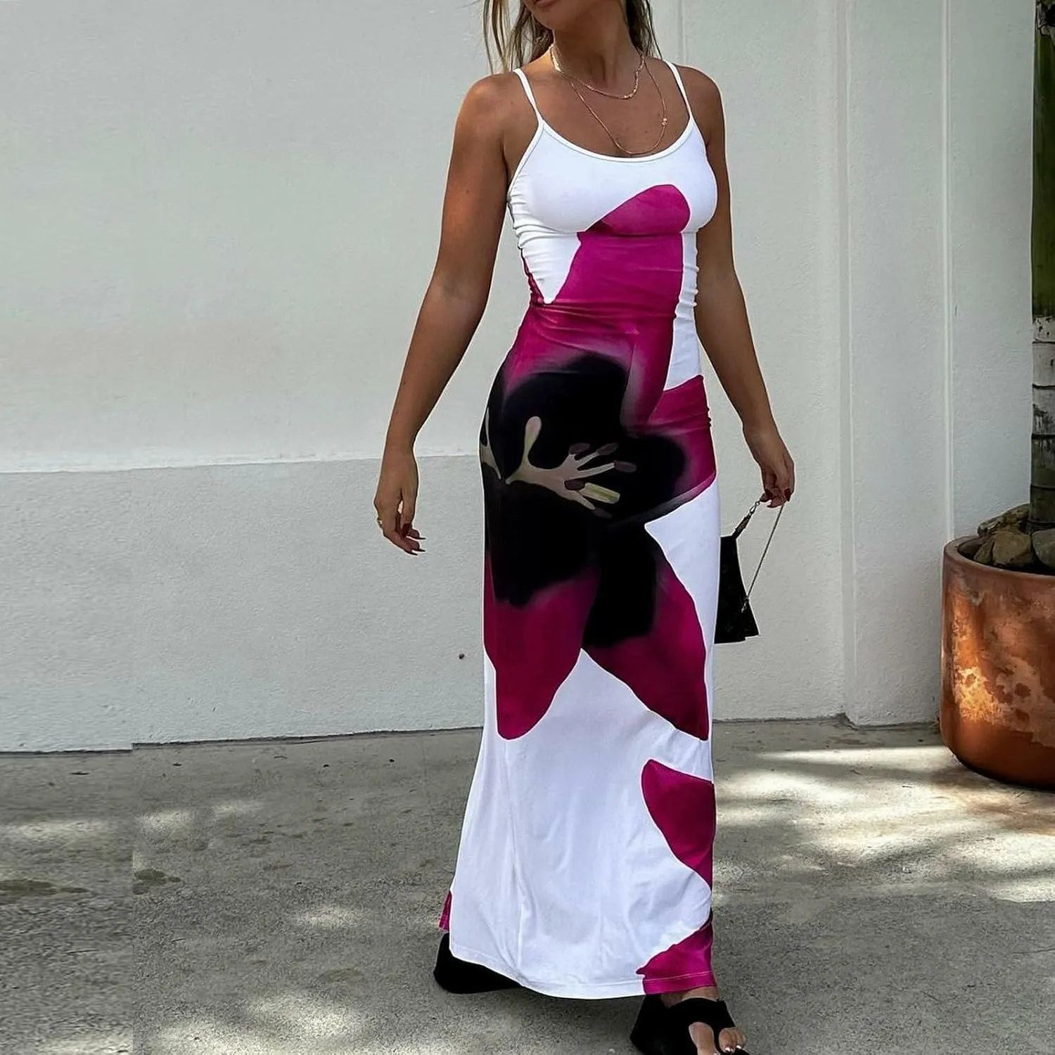 KMBANGI Women Floral Slip Dress Spaghetti Strap Flowers Print Maxi Dresses Backless Y2k Bodycon Slim Boho Long Sundress