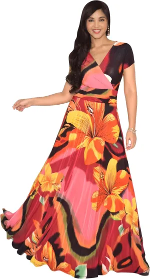 KOH KOH Womens 2025 Long Maxi Summer Floral Print Short Sleeve Flowy Modest Maxi Dress Gown