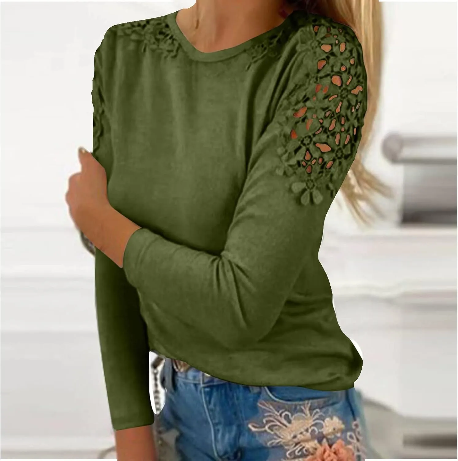Ladies Tops and Blouses Tunic Tops for Women Loose Fit Dressy Long Sleeve Shirts Casual Crewneck Floral Print Shirt