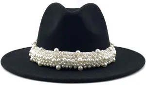 Lady British Fashion Elegant Wide Brim Fedora Panama Hat with Pearl Ring Women Men Classic Woolen Fedora Hats