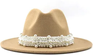Lady British Fashion Elegant Wide Brim Fedora Panama Hat with Pearl Ring Women Men Classic Woolen Fedora Hats