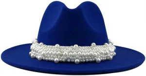 Lady British Fashion Elegant Wide Brim Fedora Panama Hat with Pearl Ring Women Men Classic Woolen Fedora Hats